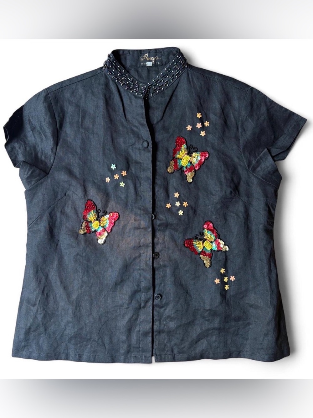 Preecy's Vintage Black Beaded Mandarin Collar Sequin Butterfly Blouse Sz M